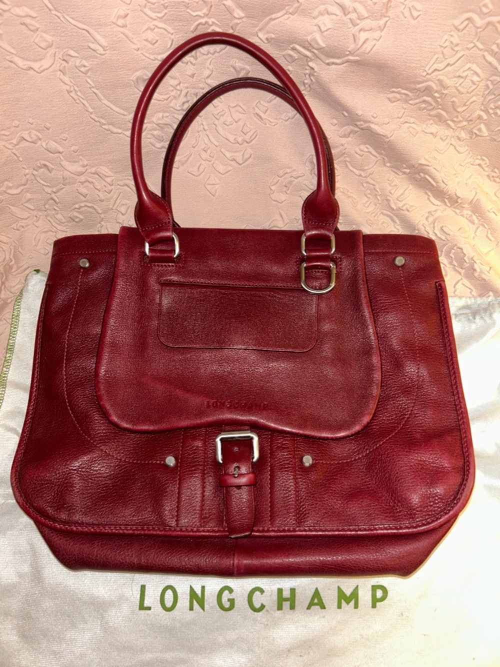 Longchamp Balzane Red Leather Shoulder Bag with Buckle Detail